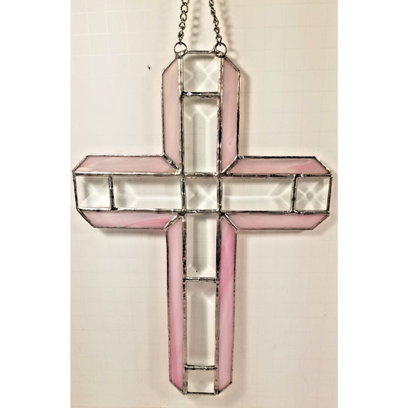 Vintage Lavender Stained Glass SunCatcher Cross 10" by 7" - Picture 1 of 6